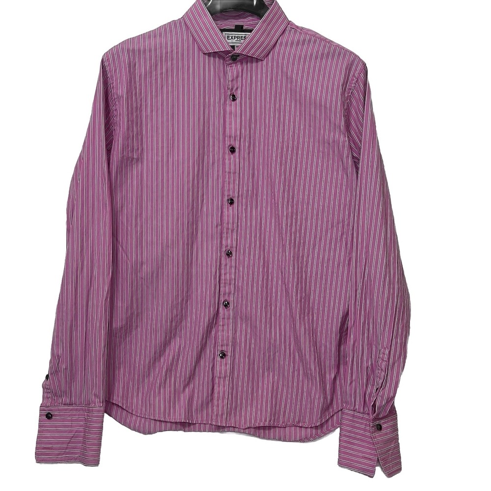 Express Button Dress Shirt Stripe Pink Cutaway Collar Fitted Men Size XL 17-17.5